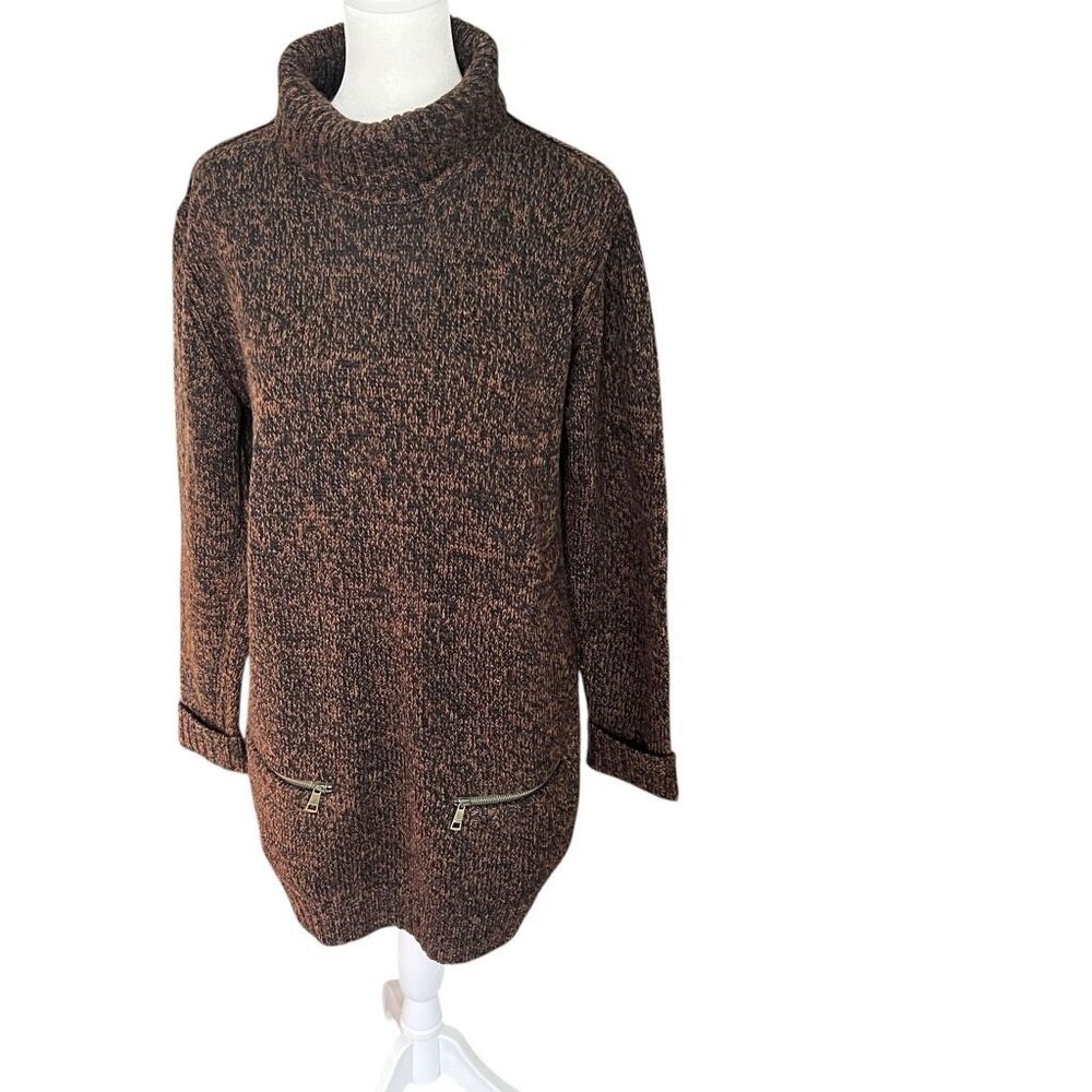 Burberry Brit Brown Marled Knit Tunic Sweater Cowl Neck Zip Pockets Size P - Picture 2 of 8